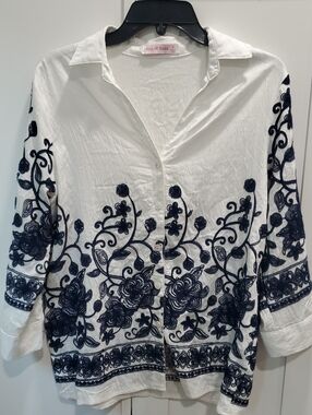 White Button-Down Shirt with Navy Floral Embroidery